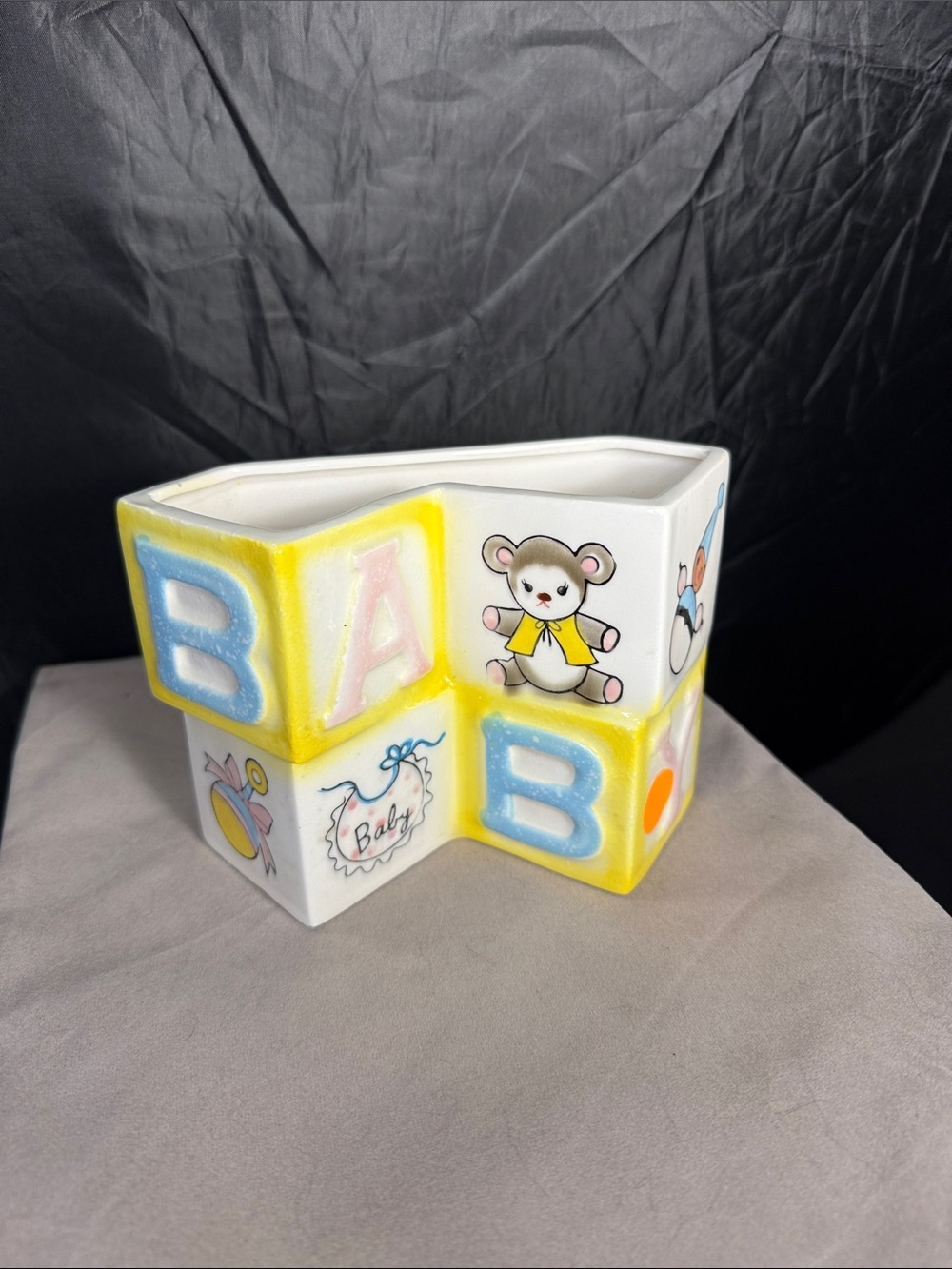 Baby Blocks Ceramic Planter with Bear Motif - Yellow & Blue